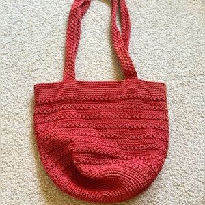 The Sak Red/Rust Crochet Knit Shoulder Bag with Braided Straps